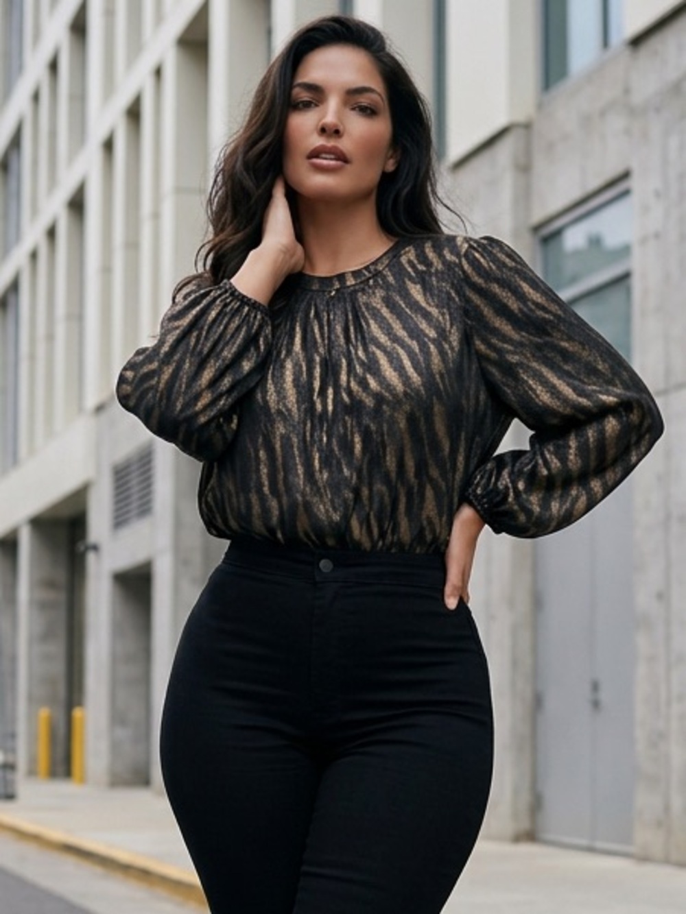 Zac & Rachel Black and Gold Metallic Animal-Print Blouse